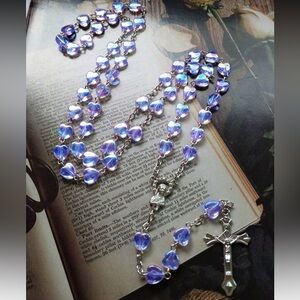 Elegant Purple Heart Rosary Necklace, Cross Necklace Rosary